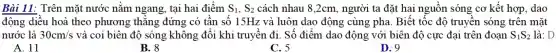 Bài 11: Trên mặt nước nǎm ngang , tại hai điểm S_(1),S_(2) cách nhau 8,2cm , người ta đặt hai nguồn sóng cơ kết hợp, dao
động diều hoà theo phương thǎng đứng có tần số 15Hz và luôn dao động cùng pha . Biết tốc độ truyền sóng trên mặt
nước là 30cm/s và coi biên độ sóng không đổi khi truyền đi. Số điểm dao động với biên độ cực đại trên đoạn S_(1)S_(2) là: D
A. 11
B. 8
C. 5
D. 9