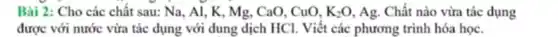 Bài 2: Cho các chất sau: Na, Al , K, Mg, CaO, CuO, K_(2)O Ag. Chất nào vừa tác dụng
được với nước vừa tác dụng với dung dịch HCl. Viết các phương trình hóa học.