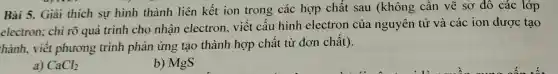 Bài 5. Giải thích sự hình thành liên kết ion trong các hợp chất sau (không cần vẽ sơ đô các lớp
electron; chỉ rõ quá trình cho nhận electron . viết cầu hình electron của nguyên tử và các ion được tạo
hành, viết phương trình phản ứng tạo thành hợp chất từ đơn chât).
a) CaCl_(2)
b) MgS