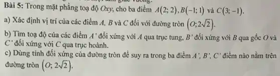 Bài 5: Trong mặt phẳng toạ độ Oxy,cho ba điểm
A(2;2),B(-1;1) và C(3;-1)
một làm giác ruộng.
a) Xác định vị trí của các điểm A, B và C đối với đường tròn (O;2sqrt (2))
b) Tìm toạ độ của các điểm A' đối xứng với A qua trục tung, B' đối xứng với B qua gốc O và
C' đối xứng với C qua trục hoành.
c) Dùng tính đối xứng của đường tròn để suy ra trong ba điểm A',B',C' điểm nào nằm trên
đường tròn (O;2sqrt (2))