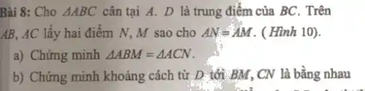 Bài 8: Cho Delta ABC cân tại A. D là trung điểm của BC. Trên
AB, AC lấy hai điểm N, M sao cho AN=AM . ( Hình 10).
a) Chứng minh Delta ABM=Delta ACN
b) Chứng minh khoảng cách từ D tới BM, CN là bằng nhau