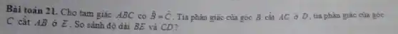 Bài toán 21. Cho tam giác ABC có hat (B)=hat (C) Tia phân giác của góc B cắt AC ở D, tia phàn giác của góc
C cắt AB ở E . So sánh độ dài BE và CD 7