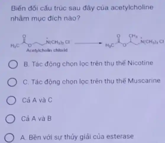 Biến đổi cấu trúc sau đây của acetylcholine
nhằm mục đích nào?
B. Tác động chọn lọc trên thụ thể Nicotine
C. Tác động chọn lọc trên thụ thể Muscarine
Cả A và C
Cả A và B
A. Bền với sự thủy giải của esterase