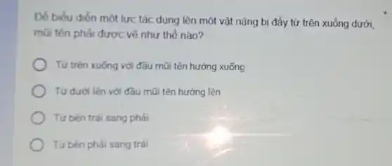 Để biểu diễn một lực tác dụng lên một vật nặng bị đầy từ trên xuống dưới.
mũi tên phải được vẽ như thế nào?
Từ trên xuống với đầu mũi tên hưởng xuống
Từ dưới lên với đầu mũi tên hướng lên
Từ bên trái sang phải
Từ bên phải sang trái