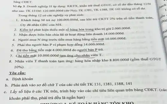 bảng CDKT.
Ví dụ 3. Doanh nghiệp H áp dụng:KKTX, khấu trứ thuế GTGT, có số dư đầu tháng
12% 
như sau: TK 131M:120.000.000đ (dư Ng); TK 1381, TK 1388, TK 141 không có số đư.
Trong tháng 12 có các nghiệp vụ phát sinh:
1. Khách hàng M trả nợ 100.000.0000 sau khí trứ CKTT 2%  trên số tiền thanh toán.
Cty đã nhận GBC cúa NH.
2. Kiểm kê phát hiện thiếu một số hàng hóa trong kho trị giá
2.000.000d
3. Nhận được biên bản chia lãi tứ hoạt động liên doanh 14.000.000d
4. Người mua N ứng trước tiền mua hàng bǎng tiền mặt
10.000.000d
5. Phải thu người bán P vi phạm hợp đồng 14.000.000d
6. Đǎ thu bǎng tiền mặt 4.000.000d do người bán P trả.
7. Chi tiền mặt 10.000.000d tam ứng cho nhân viên T.
8.Nhân viên T thanh toán tạm ứng: hàng hóa nhập kho 8.800.000d (gồm thuế GTGT
10% )
Yêu cầu:
a. Định khoản
b.Phản ánh vào sơ đồ chữ T của các chi tiết TK 131,1381,1388141
c.Lấy số liệu ở các TK trên, trình bày vào các chi tiêu liên quan trên bảng CĐKT . (các
khoản phải thu, phải trả đều là ngǎn hạn)
TOÁN H ANG TÔN KHO