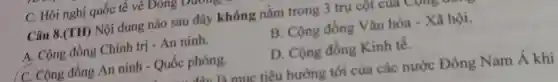 C. Hội nghị quốc tế về Đông 1
Câu 8.(TH)Nội dung nào sau đây không nǎm trong 3 tru cột của C
A . Cộng đồng Chính trị - An ninh.
B . Cộng đồng Vǎn hóa - Xã hội.
c . Cộng đồng An ninh - Quốc phòng.
D . Cộng đồng Kinh tế.
Au là muc tiêu hướng tới của các nước Đông Nam Á khi