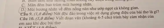 C. Màn đêm bao trùm mùi hương nhãn.
D. Mùi hương nhãn về đêm nồng nàn như ướp ngọt cả không gian.
Câu 9. (1,0 điêm)Nét độc đáo trong việc sử dụng giọng điệu của bài thơ là gì?
Câu 10. (1 .0 điểm) Viết đoạn vǎn (khoảng 4-5 câu) trình bày cảm nhận của
em sau khi đọc bài thơ
II VIẾT (A)điểm)