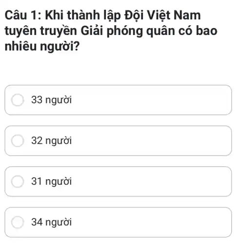 Câ thành lập Đ ôi Việt N am
tuyên truyền Giải phón g quả n có b ao
nhiêu ng ười?
33 người
32 người
31 người
34 người