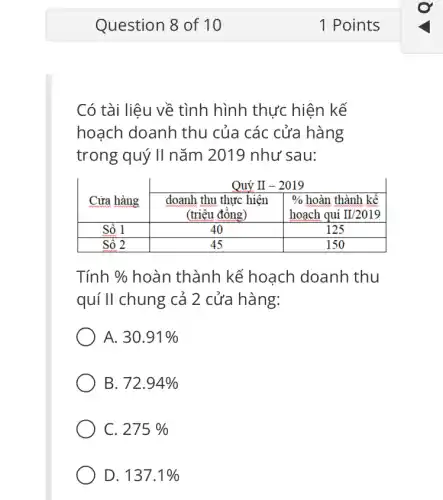 Có tài liệu về tình hình thực hiện kế hoạch doanh thu của các cửa hàng trong quý II năm 2019 như sau:

 multirow(2)(*)( Cửa hàng ) & multicolumn(2)(|c|)( Quý II - 2019 ) 
cline ( 2 - 3 ) & 
doanh thu thực hiện 
(triêu đồng)
 & 
% hoàn thành kế 
hoach quí II/2019
 
 Số 1 & 40 & 125 
 Số 2 & 45 & 150 


Tính % hoàn thành kế hoạch doanh thu quí II chung cả 2 cửa hàng:
A. 30.91 % 
B. 72.94 % 
C. 275 % 
D. 137.1 %