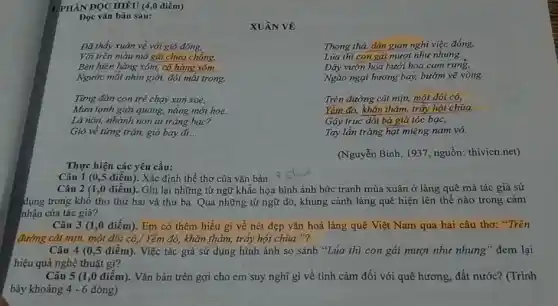 Đọc vǎn bǎn sau:
Đã thấy xuân về với gió đông,
Với trên màu má gái chưa chồng.
Bên hiên hàng xóm,cô hàng xóm
Ngước mắt nhìn giờ,đôi mắt trong.
Tìmg đàn con trẻ chạy xun xoe,
Mưa tạnh giời quang,nǎng mới hoe.
Lá nõn, nhành non ai tráng bạc?
Gió về từng trận,gió bay đi __
XUÂN VỀ
Thong thá, dân gian nghi việc đồng.
Lúa thì con gái mượt như nhung ,
Đẩy vườn hoa bưởi hoa cam rụng,
Ngào ngạt hương bay,bướm vẽ vòng.
Trên đường cát mịn một đôi có,
Yếm đỏ, khǎn thâm trấy hội chùa.
Gậy trúc dắt bà già tóc bạc,
Tay lần tràng hạt miệng nam vô.
(Nguyễn Binh, 1937, nguồn:thivien.net)
Thực hiện các yêu cầu:
Câu 1 (0,5 điểm). Xác định thể thơ của vǎn bản
Câu 2 (1,0 điểm). Ghi lại những từ ngữ khắc họa hình ảnh bức tranh mùa xuân ở làng quê mà tác giả sử
dụng trong khổ thơ thứ hai và thứ ba. Qua những từ ngữ đó, khung cảnh làng quê hiện lên thế nào trong cảm
nhận của tác giả?
Câu 3 (1,0 điểm). Em có thêm hiểu gì về nét đẹp vǎn hoá làng quê Việt Nam qua hai câu thơ: "Trên
đường cát mịn, một đôi cô,/ Yêm đỏ,khǎn thâm, trấy hội chùa."?
Câu 4 (0,5 điểm). Việc tác giả sử dụng hình ảnh so sánh "Lúa thì con gái mượt như nhưng "đem lại
hiệu quả nghệ thuật gì?
Câu 5 (1,0 điểm). Vǎn bản trên gợi cho em suy nghĩ gì về tỉnh cảm đối với quê hương, đất nước? (Trình
bày khoảng 4-6 dòng)