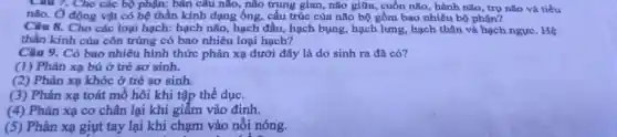 Cau 7. Cho các bộ phận: bán câu não, não trung gian, não giữa, cuốn não, hành não, trụ não và tiểu
não. Ở động vật có hệ thần kinh dạng ống, cấu trúc của não bộ gồm bao nhiêu bộ phận?
Câu 8. Cho các loại hạch: hạch não , hạch đầu, hạch bụng, hạch lưng , hạch thân và hạch ngực. Hệ
thần kinh của côn trùng có bao nhiêu loại hạch?
Câu 9. Có bao nhiêu hình thức phản xạ dưới đây là do sinh ra đã có?
(1) Phản xạ bú ở trẻ sơ sinh.
(2) Phản xạ khóc ở trẻ sơ sinh.
(3) Phản xạ toát mỗ hôi khi tập thể dục.
(4) Phản xạ co chân lại khi giẫm vào đinh.
(5) Phản xạ giụt tay lại khi chạm vào nôi nóng.