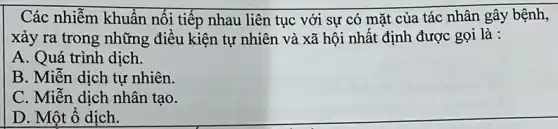 Các nhiễm khuẩn nối tiếp nhau liên tục với sự có mặt của tác nhân gây bệnh,
xảy ra trong những điêu kiện tự nhiên và xã hội nhất định được gọi là :
A. Quá trình dịch.
B. Miễn dịch tự nhiên.
C. Miễn dịch nhân tạo.
D. Một ô dịch.