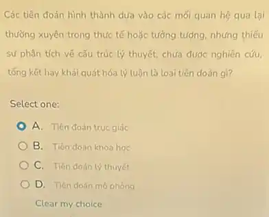 Các tiên đoán hình thành dựa vào các mối quan hệ qua lai
thường xuyên trong thực tế hoặc tưởng tướng nhưng thiếu
sự phân tích vé cấu trúc lý thuyết.chứa đước nghiên cứu,
tổng kết hay khái quát hóa lý luận là loai tiên đoán gì?
Select one:
A. Tiên đoán true giác
B. Tiên doán khoa hoc
C. Tiên doán lý thuyết
D. Tiên đoán mô phong
Clear my choice