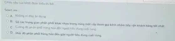 Chiếu sâu của kênh được biểu thi bởi __
Select one:
A. Không có đáp án đúng
B. Số các trung gian phân phối khác nhau trong cùng một cấp tham gia kênh nhằm tiếp cận khách hàng tốt nhất
C. Cường độ phân phối hàng hóa đến người tiêu dùng cuối cùng.
D. Mức độ phân phối hàng hóa đến gần người tiêu dùng cuối cùng.