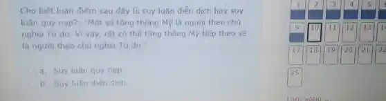 Cho biết luân điểm sau đây là suy luận diễn dich hay suy
luân quy nap?: "Một số tổng thống Mỹ là người theo chủ
nghĩa Tư do . Vi vậy rất có thể tống thống Mỹ tiếp theo sẽ
là người theo chủ nghĩa Tur do."
a suy luân quy nap.
b. Suy luân diễn dich.