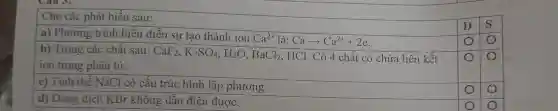 Cho các phát biểu sau:
Đ s
a) Phương trình biểu diễn sự tạo thành ion Ca^2+ là: Caarrow Ca^2++2e
b) Trong các chất sau: CaF_(2),K_(2)SO_(4),H_(2)O,BaCl_(2) HCl. Có 4 chất có chứa liên kết
ion trong phân tử.
c) Tinh thể NaCl có cấu trúc hình lập phương.
d) Dung dịch KBr không dẫn điện được.