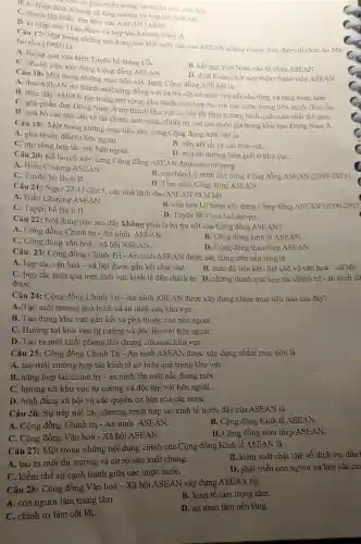 the cho sự phát triển trong tương lai của ASEAN
C. Hitipp dinh Khung về tǎng cường và hợp tác ASEAN.
C. thành lập Diền đàn khu vực ASEAN
(ARF)
D. ki hiệp ước Thân thiện và hợp tác ở Đông Nam Á.
lai-xi-a (1997)là lai-xi-a (190t trong những nội Một dung của Hội nghị cấp cao ASEAN không chính thức được tổ chức tại Ma-
A. thông qua vǎn kiện Tuyên bố Bǎng CốC.
B. kết nạp Việt Nam vào tổ chức ASEAN.
C. nêu rõ việc xây dựng Cộng đồng ASEAN.
D. định hướng kết nạp thêm thành viên ASEAN.
Câu 18: Một
A. dura ASEA trong những mục tiêu trong những mục tiêu xây đựng Cộng đồng
B. thúc đầy ASEA thành một cộng đồng với ba trụ cột có mức liên kết sâu rộng và ràng
C. góp phần đưa Đông Nam Á trở thành khu vực có tốc độ tǎng trưởng bình quân cao nhất thế giới.
D. xoá bỏ các rào cản về tài chính.anh ninh, chính trị của các quốc gia trong khu vực Đông Nam Á.
Câu 19: Một trong những mục tiêu xây dựng Cộng đồng ASEAN là
A. phụ thuộc đầu:tư bên ngoài.
C. mở rộng hợp tác với bên ngoài.
B. liên kết tất cà các lĩnh vựC.
D. xoá bỏ đường biên giới ở khu vựC.
Câu 20: Kế hoạch xây dựng Cộng đồng ASEAN được nêu rõ trong
A. Hiến Chương ASEAN.
C. Tuyên bố Ba li II.
B. vǎn bản Lộ trình xây dựng Cộng đồng ASEAN (2009-2015)
D. Tầm nhìn Cộng đồng ASEAN.
Câu 21: Ngày 22 -11-2015, các nhà lãnh đạo ASEAN đã kí kết
A. Hiến Chương ASEAN.
C. Tuyên bố Ba li II.
B. vǎn bản Lộ trình xây dựng Cộng đồng ASEAN (2000-2015)
D. Tuyên bố Cu-a-la Lǎm-pơ.
Câu 22: Nội dung nào sau đây không phải là ba trụ cột của Cộng đồng ASEAN?
A. Cộng đồng Chinh trị - An ninh
B. Cộng đồng kinh tế ASEAN.
C. Cộng đồng vǎn hoá - xã hội ASEAN.
Câu 23: Cộng đồng Chính Trị - An ninh ASEAN được xây dựng trên nền tảng là
D. Cộng đồng than thép ASEAN.
A. hợp tác vǎn hoá - xã hội được gắn kết chặt chẽ.
B. mức độ liên kết chặt chẽ về vǎn hoá - xã hội.
C. hợp tác hiệu quà trên lĩnh vực kinh tế đến chính trị. D. những thành quả hợp tác chính trị - an ninh đã
đượC.
Câu 24: Cộng đồng Chính Trị - An ninh ASEAN được xây dựng nhằm mục tiêu nào sau đây?
A. Tạo môi trường hoà bình và an ninh của khu vựC.
B. Tạo dựng khu vực gắn kết và phụ thuộc vào bên ngoài.
C. Hướng tới khu vực tự cường và độc lập với bên ngoài.
D. Tạo ra một khối phòng thủ chung của toàn khu vựC.
Câu 25: Cộng đồng Chính Trị - An ninh ASEAN được xây dựng nhằm mục tiêu là
A. tạo môi trường hợp tác kinh tế có hiệu quả trong khu vựC.
B. nâng hợp tác chính trị - an ninh lên một nấc thang mới.
C. hướng tới khu vực tự cường và độc lập với bên ngoài.
D. bình đẳng xã hội và các quyền cơ bản của các nướC.
Câu 26: Sự tiếp nối các chương trình hợp tác kinh tế trước đây của ASEAN là
A. Cộng đồng Chính trị -An ninh ASEAN.
B. Cộng đồng Kinh tế ASEAN.
C. Cộng đồng Vǎn hoá - Xã hội ASEAN.
D. Cộng đồng than thép ASEAN.
Câu 27: Một trong những nội dung chính của Cộng đồng Kinh tế ASEAN là
A. tạo ra một thị trường và cơ sở sản xuất chung.
B. kiểm soát chặt chẽ về dịch vụ đầu
C. kiềm chế sự cạnh tranh giữa các nước nướC.
D. phát triển con người và bản sắc cù:
Câu 28: Cộng đồng Vǎn hoá - Xã hội ASEAN xây dựng ASEAN lấy
A. con người làm trung tâm.
B. kinh tế làm trọng tâm.
C. chính trị làm cốt lõi.
D. an ninh làm nền tảng.