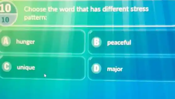 Choose the word that has different stress
pattern:
A hunger
peaceful
C unique
D major .