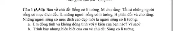 Câu 1 (5,5d): Bàn về chủ đề : Sống có lí tưởng , M cho rằng: Tất cả những người
sống có mục đích đều là những người sống có lí tưởng , H phản đối và cho rằng:
Những người sống có mục đích cao đẹp mới là người sông có lí tưởng.
a. Em đồng tình và không đồng tình với ý kiến của bạn nào? Vì sao?
b. Trình bày những hiểu biết của em về chủ đề: Sống có lí tưởng.