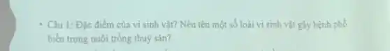 - Câu 1: Đặc điểm của vi sinh vật?Nêu tên một số loài vi sinh vật gây bệnh phố
biến trong nuôi trồng thuỷ sản?