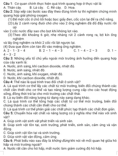 Câu 1: Cơ quan chính thực hiện quá trình quang hợp ở thực vật là:
A. Thân cây.
B. Lá cây. C .Rễ cây. D.Hoa.
Câu 2: Sắp xếp các bước sau đây theo đúng trình tự thí nghiệm chứng minh
quang hợp giải phóng oxygen.
(1) Để một cốc ở chỗ tối hoặc bọc giấy đen, cốc còn lại để ra chỗ nảng.
(2) Lấy 2 cành rong đuôi chó cho vào 2 ống nghiệm đã đổ đẩy nước rồi
úp
vào 2 cốc nước đầy sao cho bọt khí không lọt vào.
(3)Theo dõi khoảng 6 giờ, nhẹ nhàng rút 2 cành rong ra , bịt kín ống
nghiệm
và lấy ống nghiệm ra khỏi 2 cốc rồi lật ngược lại.
(4) Đưa que đóm còn tàn đỏ vào miệng ống nghiệm.
A.2-1-3-4
B 2-1-4-3
c 1-4-2-3
D. 1-
4 -3-2
Câu 3: Những yếu tố chủ yếu ngoài môi trường ảnh hưởng đến quang hợp
của cây xanh là:
A. Nước, ánh sáng khí cacbon dioxide, nhiệt độ.
B. Nước, ánh sáng , nhiệt độ.
C. Nước, ánh sáng , khí oxygen, nhiệt độ.
D. Nước, khí cacbon dioxide, nhiệt độ
Câu 4: Thế nào là quá trình trao đổi chất ở sinh vật?
A. Là quá trình cơ thế lấy các chất từ môi trường , biến đổi chúng thành các
chất cần thiết cho cơ thế và tạo nǎng lượng cung cấp
sống, đồng thời trả lại cho môi trường các chất thải.
B. Là sự biến đối nǎng lượng từ dạng này sang dạng kháC.
C. Là quá trình cơ thế tổng hợp các chất từ cơ thể môi trường, biến đổi
chúng thành các chất cần thiết cho cơ thể.
D. Là quá trình cơ thế phân giải các chất phức tạp thành các chất đơn giản.
Câu 5: Chuyển hóa vật chất và nǎng lượng có ý nghĩa như thế nào với sinh
vật?
A. Giúp sinh vật sinh vật phát triển và sinh sản.
B. Giúp sinh vật tồn tại, sinh trưởng , phát triển, sinh sản , cảm ứng và vận
động.
C. Giúp sinh vật tồn tại và sinh trưởng.
D. Giúp sinh vật vận động, cảm ứng.
Câu 6: Phát biểu nào sau đây là không đúng khi nói về mối quan hệ giữa hô
hấp và môi trường ngoài?
A. Nước rất cần cho hô hấp, mất nước làm giảm cường độ hô hấp