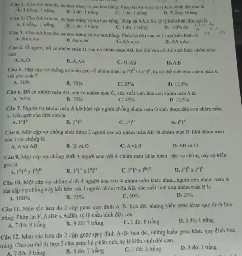 Câu 1. Cho AA hoa đỏ, aa hoa trắng và Aa hoa hồng. Phép lai Aatimes aa tỷ lệ kiểu hình đời con là
A. 1 hồng: 1 trắng
B. 3 đò: 1 trắng
C. 1 đó: 1 trắng
D. 2hồng: Itrắng
Câu 2. Cho AA hoa đó, aa hoa trắng và Aa hoa hồng. Phép lai AAtimes Aa tỷ lệ kiểu hình đời con là
A. 1 hồng: 1 tring
(B.) 1 đó: 1 hồng
C. 1 đó: 1 trắng
D. 100%  đỏ
Câu 3. Cho AA hoa đỏ, aa hoa trắng và Aa hoa hồng. Phép lai đời con có l loại kiểu hình là
A. Aatimes Aa
B. Aaxaa
C. AAtimes aa
D. AAtimes Aa
Câu 4. Ở người , bố có nhóm máu O, mẹ có nhóm máu AB, hỏi đời con có thể xuất hiện nhóm máu
nào
A. A,0
B. A,AB
C. 0,AB
D. A,B
Câu 5. Một cặp vợ chồng có kiểu gen về nhóm máu là I^AI^O và I^AI^B , họ có thể sinh con nhóm máu A
với xác suất?
A. 50% 
B. 75% 
C. 25% 
D. 12,5% 
Câu 6. Bố có nhóm máu AB, mẹ có nhóm máu O , xác xuất sinh đứa con nhóm máu A là
A. 50% 
B. 75% 
C. 25% 
D. 12,5% 
Câu 7. Người vợ nhóm máu A kết hôn với người chồng nhóm máu O sinh được đứa con nhóm máu
A, kiểu gen của đứa con là
A. I^AI^A
B. I^AI^B
C. I^AI^O
D. I^BI^A
Câu 8. Một cặp vợ chồng sinh được 2 người con có nhóm máu AB và nhóm máu O. Hỏi nhóm máu
của 2 vợ chông là
A. A và AB
B. B và O
C. A và B
D. AB và O
Câu 9. Một cặp vợ chồng sinh 4 người con với 4 nhóm máu khác nhau , cặp vợ chồng này có kiểu
gen là
A. I^AI^Atimes I^OI^O
B. I^AI^Otimes I^BI^O
C. I^AI^Atimes I^BI^O
D. I^AI^Btimes I^AI^B
Câu 10. Một cặp vợ chồng sinh 4 người con với 4 nhóm máu khác nhau người con nhóm máu A
của cặp vợ chông này kết hôn với 1 người nhóm máu AB, xác suất sinh con nhóm máu B là
A. 100% 
B. 75% 
C. 50% 
D. 25% 
Câu 11. Màu sắc hoa do 2 cặp gene quy đinh A-B - hoa đỏ, những kiểu gene khác quy định hoa
trắng. Phép lai P: AaBbtimes AaBb tỷ lệ kiểu hình đời con
A. 7 đỏ: 9 trǎng
B 9dacute (o):7trgrave (check (a))ng
C. 1 đỏ: 1 trắng
D 3dacute (o):1tracute (check (a))ng
Câu 12. Màu sắc hoa do 2 cặp gene quy đinh A-B - hoa đỏ, những kiểu gene khác quy định hoa
trắng. Cho cơ thể dị hợp 2 cặp gene lai phân tích , tỷ lệ kiểu hình đời con
A. 7 đỏ: 9 trắng
B. 9 đỏ: 7 trǎng
C. 1 đỏ: 3 trǎng
D. 3 đỏ: 1 trắng