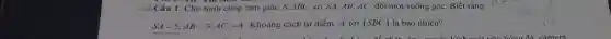 -Câu 1. Cho hình chóp tam giác S.ABC có SA,AB,AC đôi một vuông góc Biết rằng
SA=5;AB=3;AC=4 . Khoảng cách từ điểm A tới (SBC) là bao nhiêu?