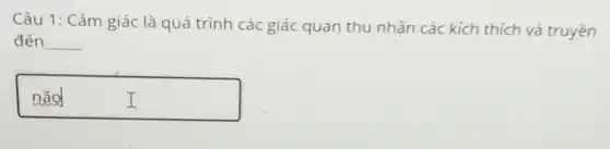 Câu 1: Cảm giác là quá trình các giác quan thu nhận các kích thích và truyền
đến __
nadI não