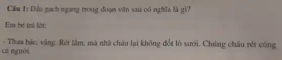 Câu 1: Dấu gạch ngang trong đoạn vǎn sau có nghĩa là gì?
Em bé trả lời:
- Thưa bác , vâng . Rét lắm . mà nhà cháu lại không đốt lò sưởi . Chúng cháu rét cóng
cả người.