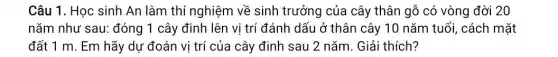 Câu 1. Học sinh An làm thí nghiệm về sinh trưởng của cây thân gỗ có vòng đời 20
nǎm như sau: đóng 1 cây đinh lên vị trí đánh dấu ở thân cây 10 nǎm tuổi, cách mặt
đất 1 m. Em hãy dự đoán vị trí của cây đinh sau 2 nǎm. Giải thích?
