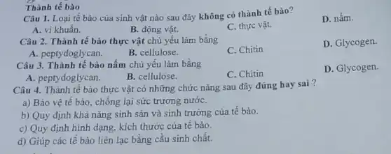 Câu 1. Loại tế nào sau đây không có thành tế bào?
D. nấm.
A. vi khuấn.
B. động vật.
C. thực vật.
Thành tế bào
Câu 2. Thành tế bào thực vật chủ yếu làm bằng
C. Chitin
D. Glycogen.
A. peptydoglycan.
B. cellulose.
Câu 3. Thành tế bào nâm chủ yêu làm bằng
C. Chitin
D. Glycogen.
A. peptydoglycan.
B. cellulose.
Câu 4. Thành tê bào thực vật có những chức nǎng sau đây đúng hay sai ?
a) Bảo vệ tê bào, chống lại sức trương nướC.
b) Quy định khả nǎng sinh sản và sinh trường của tế bào.
c) Quy định hình dạng, kích thước của tế bào.
d) Giúp các tế bào liên lạc bằng cầu sinh chât.