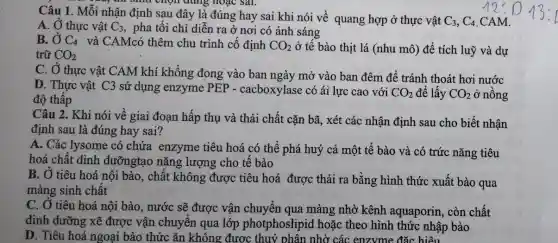 Câu 1. Mỗi nhận định sau đây là đúng hay sai khi nói về quang hợp ở thực vật
C_(3),C_(4) CAM.
A. Ở thực vật C_(3) , pha tối chỉ diễn ra ở nơi có ánh sáng
B. Ở C_(4) và CAMcó thêm chu trình cố định CO_(2) ở tế bào thịt lá (nhu mô) để tích luỹ và dự
trữ CO_(2)
C. Ở thực vật CAM khí khổng đong vào ban ngày mở vào ban đêm để tránh thoát hơi nước
D. Thực vật C3 sử dụng enzyme PEP - cacboxylase có ái lực cao với
CO_(2) để lấy CO_(2) ở nông
độ thấp
Câu 2. Khi nói về giai đoạn hấp thụ và thải chất cặn bã, xét các nhận định sau cho biết nhận
định sau là đúng hay sai?
A. Các lysome có chứa enzyme tiêu hoá có thể phá huỷ cả một tế bào và có trức nǎng tiêu
hoá chất dinh dưỡngtạo nǎng lượng cho tế bào
B. Ở tiêu hoá nội bào, chất không được tiêu hoá được thải ra bằng hình thức xuất bào qua
màng sinh chất
C. Ở tiêu hoá nội bào, nước sẽ được vận chuyển qua màng nhờ kênh aquaporin, còn chất
dinh dưỡng xẽ được vận chuyển qua lớp photphoslipid hoặc theo hình thức nhập bào
D. Tiêu hoá ngoại bào thức ǎn không được thuỷ phân nhờ các enzvme đặc hiệu