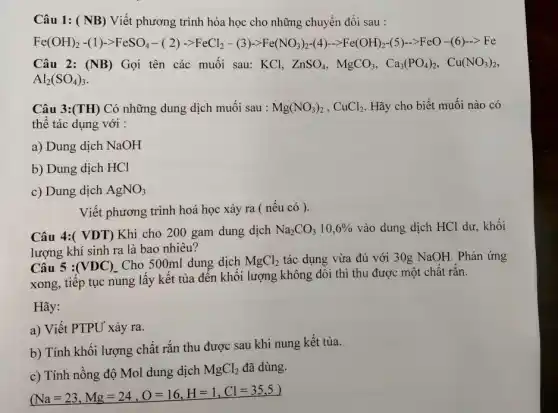 Câu 1: ( NB)Viết phương trình hóa học cho những chuyển đổi sau :
Fe(CHH)_(2)-(1)gt FeSOO_(4)-(21)-FeCl_(2)-15]_(2)-Fe(15O_(3))_(2)(4)-gt Fe(OH)_(2)+6H_(2)O-Fe-O-(6)-Fe
Câu 2: (NB)Gọi tên các muối sau: KCl ZnSO_(4),MgCO_(3),Ca_(3)(PO_(4))_(2),Cu(NO_(3))_(2)
Al_(2)(SO_(4))_(3)
Câu 3:(TH) Có những dung dịch muối sau : Mg(NO_(3))_(2),CuCl_(2) Hãy cho biết muối nào có
thể tác dụng với :
a) Dung dịch NaOH
b) Dung dịch HCl
c) Dung dịch AgNO_(3)
Viết phương trình hoá học xảy ra (nếu có ).
Câu 4:( VDT) Khi cho 200 gam dung dịch Na_(2)CO_(3)10,6%  vào dung dịch HCl dư, khối
lượng khí sinh ra là bao nhiêu?
Câu 5 :(VDC). Cho 500ml dung dịch MgCl_(2) tác dụng vừa đủ với 30g NaOH. Phản ứng
xong, tiếp tục nung lấy kết tủa đến khối lượng không đôi thì thu được một chât rǎn.
Hãy:
a) Viết PTPU xảy ra.
b) Tính khối lượng chất rắn thu được sau khi nung kết tủa.
c) Tính nồng độ Mol dung dịch MgCl_(2) đã dùng.
(Na=23,Mg=24,O=16,H=1,Cl=35,5)