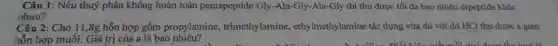 Câu 1: Nếu thuỷ phân không hoàn toàn pentapeptide Gly-Ala -Gly-Ala-Gly thì thu được tối đa bao nhiêu dipeptide khác
nhau?
Câu 2: Cho 11 ,8g hỗn hợp gồm propylamine , trimethylamine , ethylmethylamine tác dụng vừa đủ với dd HCl thu được a gam
hỗn hợp muối. Giá trị của a là bao nhiêu?