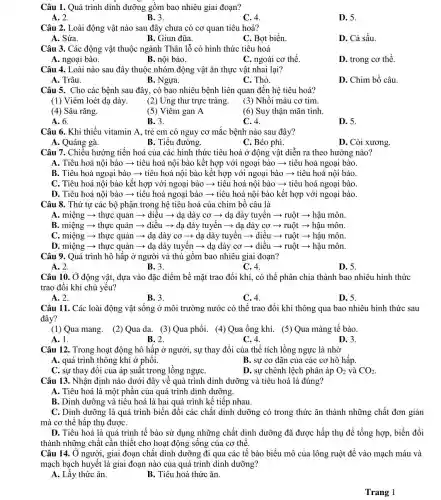 Câu 1. Quá trình dinh dưỡng gồm bao nhiêu giai đoạn?
A. 2.
B. 3.
C. 4.
D. 5.
Câu 2. Loài động vật nào sau đây chưa có cơ quan tiêu hoá?
A. Sứa.
B. Giun đũa.
C. Bọt biển.
D. Cá sấu.
Câu 3. Các động vật thuộc ngành Thân lỗ có hình thức tiêu hoá
A. ngoại bào.
B. nội bào.
C. ngoài cơ thể.
D. trong cơ thể.
Câu 4. Loài nào sau đây thuộc nhóm động vật ǎn thực vật nhai lại?
A. Trâu.
B. Ngựa.
C. Thỏ.
D. Chim bồ câu.
Câu 5. Cho các bệnh sau đây, có bao nhiêu bệnh liên quan đến hệ tiêu hoá?
(1) Viêm loét dạ dày.
(2) Ung thư trực tràng.
(3) Nhối máu cơ tim.
(4) Sâu rǎng.
(5) Viêm gan A
(6) Suy thận mãn tính.
A. 6.
B. 3.
C. 4.
D. 5.
Câu 6. Khi thiếu vitamin A, trẻ em có nguy cơ mắc bệnh nào sau đây?
A. Quáng gà.
B. Tiểu đường.
C. Béo phì.
D. Còi xương.
Câu 7. Chiều hướng tiến hoá của các hình thức tiêu hoá ở động vật diễn ra theo hướng nào?
A. Tiêu hoá nội bào ­­­­→ tiêu hoá nội bào kết hợp với ngoại bào ­­­­→ tiêu hoá ngoại bào.
B. Tiêu hoá ngoại bào ­­­­→ tiêu hoá nội bào kết hợp với ngoại bào ­­­­→tiêu hoá nội bào
C. Tiêu hoá nội bào kết hợp với ngoại bào ­­­­→ tiêu hoá nội bào ­­­­→ tiêu hoá ngoại bào.
D. Tiêu hoá nội bào ­­­­→ tiêu hoá ngoại bào ­­­­→ tiêu hoá nội bào kết hợp với ngoại bào.
Câu 8. Thứ tự các bộ phận trong hệ tiêu hoá của chim bồ câu là
A. miệng ­­­­→ thực quản ­­­­→ diều ­­­­→dạ dày cơ >dạ dày tuyến ­­­­→ruột ­­­­→ hậu môn
B. miệng ­­­­→ thực quản ­­­­→ diều ­­­­→ dạ dày tuyến ­­­­→ dạ dày cơ ­­­­→ ruột ­­­­→ hậu môn.
C. miệng ­­­­→ thực quản ­­­­→ dạ dày cơ ­­­­→ dạ dày tuyến ­­­­→ diều ­­­­→ruột ­­­­→ hậu môn.
D. miệng ­­­­→ thực quản ­­­­→ dạ dày tuyến ­­­­→ dạ dày cơ ­­­­→ diều ­­­­→ ruột ­­­­→ hậu môn.
Câu 9. Quá trình hô hấp ở người và thú gồm bao nhiêu giai đoạn?
A. 2.	B. 3.	C. 4.	D. 5
Câu 10. Ở động vật.dựa vào đặc điểm bề mặt trao đổi khí, có thể phân chia thành bao nhiêu hình thức
trao đổi khí chủ yếu?
A. 2.
B. 3.
C. 4.
D. 5.
Câu 11. Các loài động vật sống ở môi trường nước có thể trao đổi khí thông qua bao nhiêu hình thức sau
đây?
(1) Qua mang. (2) Qua da. (3) Qua phổi.(4) Qua ống khí. (5)Qua màng tế bào
A. 1.
B. 2.
C. 4.
D. 3.
Câu 12. Trong hoạt động hô hấp ở người, sự thay đổi của thể tích lồng ngực là nhờ
A. quá trình thông khí ở phối.	B. sự co dãn của các cơ hô hấp.
C. sự thay đổi của áp suất trong lồng ngựC.
D. sự chênh lệch phân áp O_(2) và CO_(2)
Câu 13. Nhận định nào dưới đây về quá trình dinh dưỡng và tiêu hoá là đúng?
A. Tiêu hoá là một phần của quá trình dinh dưỡng.
B. Dinh dưỡng và tiêu hoá là hai quá trình kế tiếp nhau.
C. Dinh dưỡng là quá trình biến đổi các chất dinh dưỡng có trong thức ǎn thành những chất đơn giản
mà cơ thể hấp thụ đượC.
D. Tiêu hoá là quá trình tế bào sử dụng những chất dinh dưỡng đã được hấp thụ để tổng hợp , biến đổi
thành những chất cần thiết cho hoạt động sống của cơ thể.
Câu 14. Ở người, giai đoạn chất dinh dưỡng đi qua các tế bào biểu mô của lông ruột để vào mạch máu và
mạch bạch huyết là giai đoạn nào của quá trình dinh dưỡng?
A. Lấy thức ǎn.
B. Tiêu hoá thức ǎn.
Trang 1