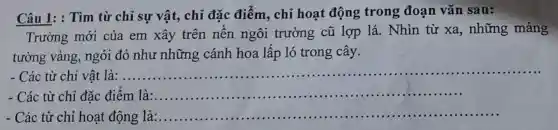 Câu 1: : Tìm từ chỉ sự vật , chỉ đặc điểm , chỉ hoạt động trong đoạn vǎn sau:
Trường mới của em xây trên nên ngôi trường cũ lợp lá. Nhìn từ xa, những mảng
tường vàng , ngói đỏ như những cánh hoa lấp ló trong cây.
- Các từ chỉ vật là: ....
__
- Các từ chỉ đặc điểm là:....
__
- Các từ chỉ hoạt động là:. __