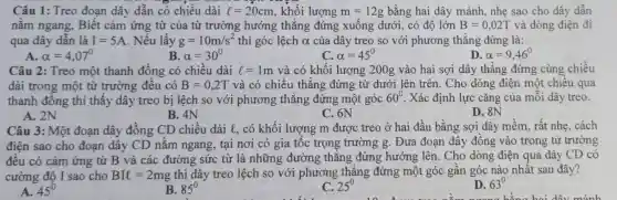 Câu 1: Treo đoạn dây dẫn có chiều dài l=20cm , khối lượng m=12g bằng hai dây mảnh, nhẹ sao cho dây dẫn
nằm ngang, Biết cảm ứng từ của từ trường hướng thẳng đứng xuống dưới, có độ lớn B=0,02T và dòng điện đi
qua dây dẫn là I=5A . Nếu lấy g=10m/s^2 thì góc lệch alpha  của dây treo so với phương thẳng đứng là:
A. alpha =4,07^circ 
B alpha =30^circ 
alpha =45^circ 
D. alpha =9,46^circ 
Câu 2: Treo một thanh đồng có chiều dài l=1m và có khối lượng 200g vào hai sợi dây thẳng đứng cùng chiều
dài trong một từ trường đêu có B=0,2T và có chiều thǎng đứng từ dưới lên trên. Cho dòng điện một chiều qua
thanh đông thì thấy dây treo bị lệch so với phương thǎng đứng một góc
60^circ  . Xác định lực cǎng của môi dây treo.
A. 2N
B. 4N
C. 6N
D. 8N
Câu 3: Một đoạn dây đồng CD chiều dài l, có khối lượng m được treo ở hai đầu bằng sợi dây mềm, rất nhẹ, cách
điện sao cho đoạn dây CD nằm ngang, tại nơi có gia tốc trọng trường g . Đưa đoạn dây đồng vào trong từ trường
đều có cảm ứng từ B và các đường sức từ là những đường thẳng đứng hướng lên. Cho dòng điện qua dây CD có
cường độ I sao cho BIl=2mg thì dây treo lệch so với phương thẳng đứng một góc gân góc nào nhất sau đây?
A. 45^circ 
B. 85^circ 
C. 25^circ 
D. 63^circ