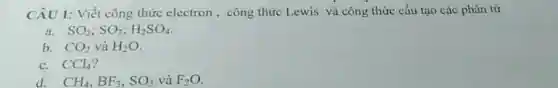 CÂU 1: Viết công thức electron , công thức Lewis và công thức cấu tạo các phân tử
a. SO_(2);SO_(3);H_(2)SO_(4)
b. CO_(2)vhat (a)H_(2)O
c. CCl_(4)
d. CH_(4),BF_(3),SO_(3) và F_(2)O