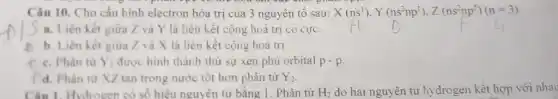 Câu 10. Cho cấu hình electron hóa trị của 3 nguyên tố sau: X(ns^1),Y(ns^2np^1),Z(ns^2np^5)(n=3)
()
a. Liên kết giữa Z và Y là liên kết cộng hoá trị có cực.
b. Liên kết giữa Z và X là liên kết cộng hoá trị.
c. Phân từ Y_(2) được hình thành thừ sự xen phù orbital p-p
d. Phân từ XZ tan trong nước tốt hơn phân tử Y_(2)
Câu 1. Hydrogen có số hiệu nguyên tử bằng 1. Phân tử H_(2) do hai nguyên tử hydrogen kết hợp với nhau