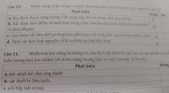 Câu 10. Nhiệt nóng chảy riêng và nhiệt độ nóng chảy là thông tin, giúp người ta làm g)?
square 
square 
square 
square 
square 
square 
square 
square 
Câu 11. Nhiệt hoá hơi riêng là thông tin cần thiết để thiết kế chế tạo các sản phẩm của sủ
hiện tượng hoá hơi nhằm tiết kiệm nǎng lượng bảo vệ môi trường. Ví dụ như
square 
square 
square 
square