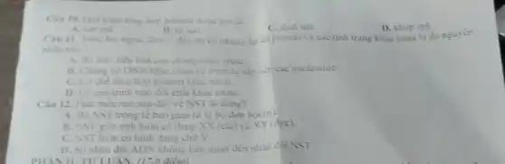 Câu 10. Quá trinh tổng hợp protein được goi là:
C. dịch mà.
D. khóp mã.
đều ǎn có nhưng lại có protein và các tính trạng khác nhau là do nguyên
A. sao ma.
B. tu sao.
Câu 11. Trâu, bỏ.ngựa. tho __
nhân nào?
A. Bó máy tiêu hoá của chúng khác nhau.
B. Chúng có DNA khác nhau về trình tự sắp xếp các nucleotide.
C. Co ché tông hợp protein khác nhau.
D. Có quá trinh trao đôi chất khác nhau.
Câu 12. Phát biểu nào sau đây về NST là đúng?
A. Bộ NST trong tê bào giao tử là bộ đơn bội (n)
B. NST giới tính luôn có dạng XX (cái) và XY (đực).
C. NST luôn có hình dạng chữ V.
D. Sư nhân đôi ADN không liên quan đến nhân đội NST.
II. TU LUÂN. (17.0 điểm)