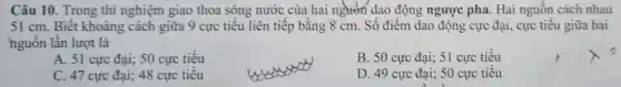 Câu 10 Trong thi nghiệm giao thoa sóng nước của hai nguồn dao động ngược pha. Hai nguồn cách nhau
51 cm. Biêt khoảng cách giữa 9 cực tiểu liên tiếp bằng 8 cm. Số điểm dao động cực đại., cực tiêu giữa hai
nguồn lần lượt là
A. 51 cực đại;50 cực tiêu
B. 50 cực đại;51 cực tiều
C. 47 cực đại;48 cực tiêu
D. 49 cực đại;50 cực tiêu