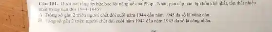 Câu 101. Dưới hai tầng áp bức bóc lột nặng nế của Pháp - Nhật, giai cấp nào bị khốn khổ nhất, tổn thất nhiều
nhất trong nạn đói 1944-1945
A. Ttồng số gần 2 triệu người chết đói cuối nǎm 1944 đầu nǎm 1945 đa số là nông dân.
B. Tổng số gần 2 triệu người chết đói cuối nǎm 1944 đầu nǎm 1945 đa số là công nhân