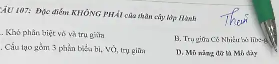 CÂU 107: Đặc điểm KHÔNG PHẢI của thân cây lớp Hành
.. Khó phân biệt vỏ và trụ giữa
B. Trụ giữa Có Nhiều bó libe-g
. Cấu tạo gồm 3 phần biểu bì, Vỏ trụ giữa
D. Mô nâng đỡ là Mô dày