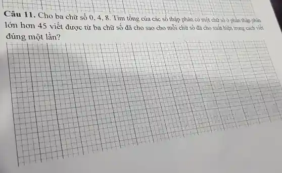 Câu 11. Cho ba chữ số 0,4 , 8. Tìm tổng của các số thập phân có một chữ số ở phân thập phân
lớn hơn 45 viết được từ ba chữ sô đã cho sao cho mỗi chữ số đã cho xuất hiện trong cách viết
__