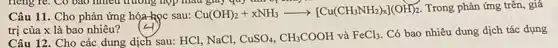 Câu 11. Cho phản ứng hóa học sau:
Cu(OH)_(2)+xNH_(3)arrow [Cu(CH_(3)NH_(2))x](OH)_(2)
Trong phản ứng trên.giá
trị của x là bao nhiêu?
Câu 12. Cho các dung dịch sau: HCl,NaCl, CuSO_(4),CH_(3)COOH và FeCl_(3) Có bao nhiêu dung dịch tác dụng