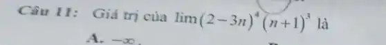 Câu 11: Giá trị của
lim (2-3n)^4(n+1)^3 là
A. -infty