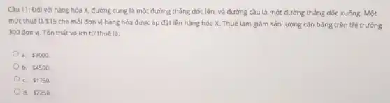 Câu 11: Đối với hàng hóa X, đường cung là một đường thẳng dốc lên, và đường cầu là một đường thẳng dốc xuống Một
mức thuế là 15
cho mỗi đơn vị hàng hóa được áp đặt lên hàng hóa X. Thuế làm giảm sản lượng cân bằng trên thị trường
300 đơn vị. Tốn thất vô ích từ thuế là:
a. 3000
b. 4500
C. 1750
d. 2250