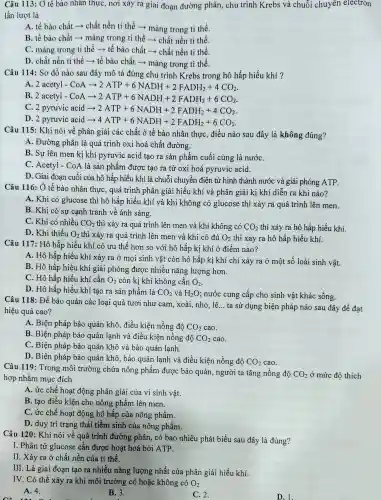 Câu 113: Ở tế bào nhân thực, nơi xảy ra giai đoạn đường phân, chu trình Krebs và chuỗi chuyên electron
lần lượt là
A. tế bào chất ­­­­→ chất nền ti thể ­­­­→ màng trong ti thể.
B. tế bào chất ­­­­→ màng trong ti thể ­­­­→ chất nền ti thể.
C. màng trong ti thể ­­­­→ tế bào chất ­­­­→ chất nền ti thể.
D. chất nền ti thể ­­­­→ tế bào chất ­­­­→ màng trong ti thể.
Câu 114: Sơ đồ nào sau đây mô tả đúng chu trình Krebs trong hô hấp hiếu khí ?
A. 2acetyl-CoAarrow 2ATP+6NADH+2FADH_(2)+4CO_(2)
B 2acetyl-CoAarrow 2ATP+6NADH+2FADH_(2)+6CO_(2)
C 2pyruvic acidarrow 2ATP+6NADH+2FADH_(2)+4CO_(2)
D 2pyrwicacidarrow 4ATP+6NADH+2FADH_(2)+6CO_(2)
Câu 115: Khi nói về phân giải các chất ở tế bào nhân thực, điều nào sau đây là không đúng?
A. Đường phân là quá trình oxi hoá chất đường.
B. Sự lên men kị khí pyruvic acid tạo ra sản phẩm cuối cùng là nướC.
C. Acetyl - CoA là sản phẩm được tạo ra từ oxi hoá pyruvic acid.
D. Giai đoạn cuối của hô hấp hiếu khí là chuỗi chuyền điện tử hình thành nước và giải phóng ATP.
Câu 116: Ở tế bào nhân thực, quá trình phân giải hiếu khí và phân giải kị khí diễn ra khi nào?
A. Khi có glucose thì hô hấp hiếu khí và khi không có glucose thì xảy ra quá trình lên men.
B. Khi có sự cạnh tranh về ánh sáng.
C. Khi có nhiều CO_(2) thì xảy ra quá trình lên men và khi không có CO_(2) thì xảy ra hô hấp hiếu khí.
D. Khi thiếu O_(2) thì xảy ra quá trình lên men và khi có đủ O_(2) thì xảy ra hô hấp hiếu khí
Câu 117: Hô hấp hiếu khí có ưu thế hơn so với hô hấp kị khí ở điểm nào?
A. Hô hấp hiếu khí xảy ra ở mọi sinh vật còn hô hấp kị khí chỉ xảy ra ở một số loài sinh vật.
B. Hô hấp hiếu khí giải phóng được nhiều nǎng lượng hơn.
C. Hô hấp hiếu khí cần O_(2) còn kị khí không cần O_(2)
D. Hô hấp hiếu khí tạo ra sản phẩm là CO_(2) và H_(2)O ; nước cung cấp cho sinh vật khác sống.
Câu 118: Để bảo quản các loại quả tươi như cam, xoài.nho, lê... ta sử dụng biện pháp nào sau đây để đạt
hiệu quả cao?
A. Biện pháp bảo quản khô, điều kiện nồng độ CO_(2) cao.
B. Biện pháp bảo quản lạnh và điều kiện nồng độ CO_(2) cao.
C. Biện pháp bảo quản khô và bảo quản lạnh.
D. Biện pháp bảo quản khô, bảo quản lạnh và điều kiện nồng độ CO_(2) cao.
Câu 119: Trong môi trường chứa nông phẩm được bảo quản, người ta tǎng nồng độ
CO_(2) ở mức độ thích
hợp nhằm mục đích
A. ức chế hoạt động phân giải của vi sinh vật.
B. tạo điều kiện cho nông phẩm lên men.
C. ức chế hoạt động hô hấp của nông phẩm.
D. duy trì trạng thái tiềm sinh của nông phẩm.
Câu 120: Khi nói về quá trình đường phân, có bao nhiêu phát biểu sau đây là đúng?
I. Phân tử glucose cần được hoạt hoá bởi ATP.
II. Xảy ra ở chất nền của ti thể.
III. Là giai đoạn tạo ra nhiều nǎng lượng nhất của phân giải hiếu khí.
IV. Có thể xảy ra khi môi trường có hoặc không có O_(2)
A. 4.
B. 3.
C. 2.
D. 1.