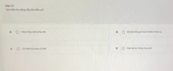 Câu 11:
Tính thần thu động dân đen diêu g)?
Tang nang suht cong vibc
Cal thien ko nang cá nhân
B	Kéo dài thời gian hoàn thành nhiệm vụ
D	Giám áp luc trong công việc